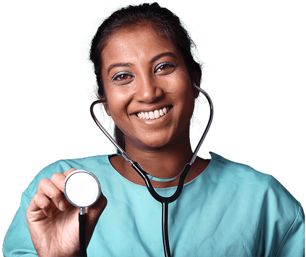 happy nurse holding stethoscope