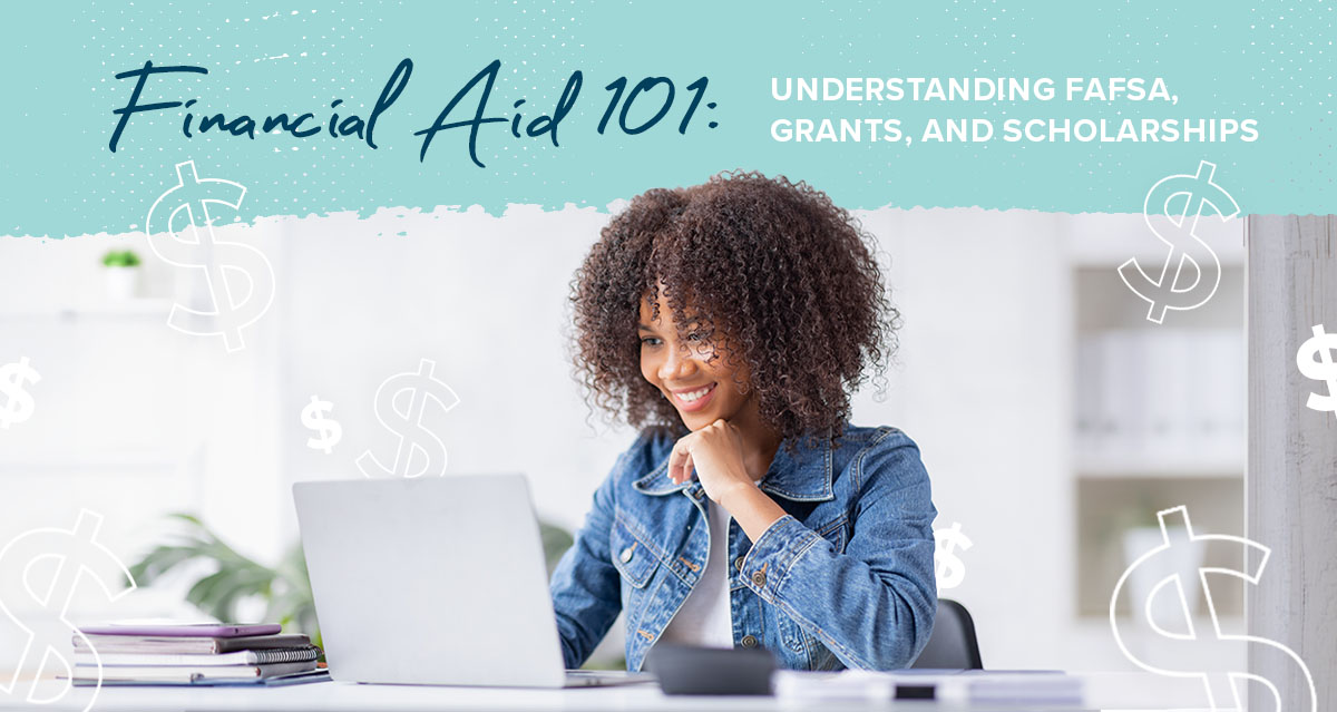 Student on laptop researching about FAFSA, Grants, and Scholarships